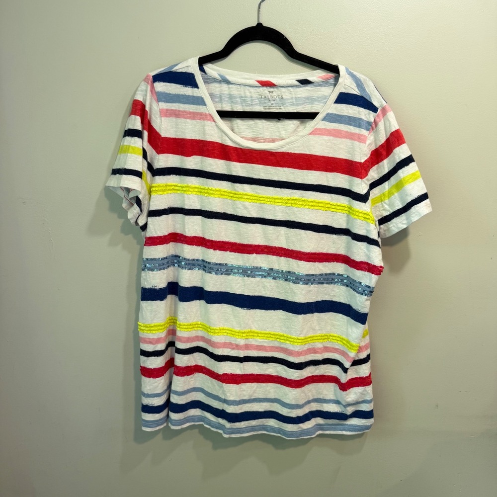 Talbots Woman 2X Striped Sequin Cotton T-Shirt Multi Color Short Sleeve Top